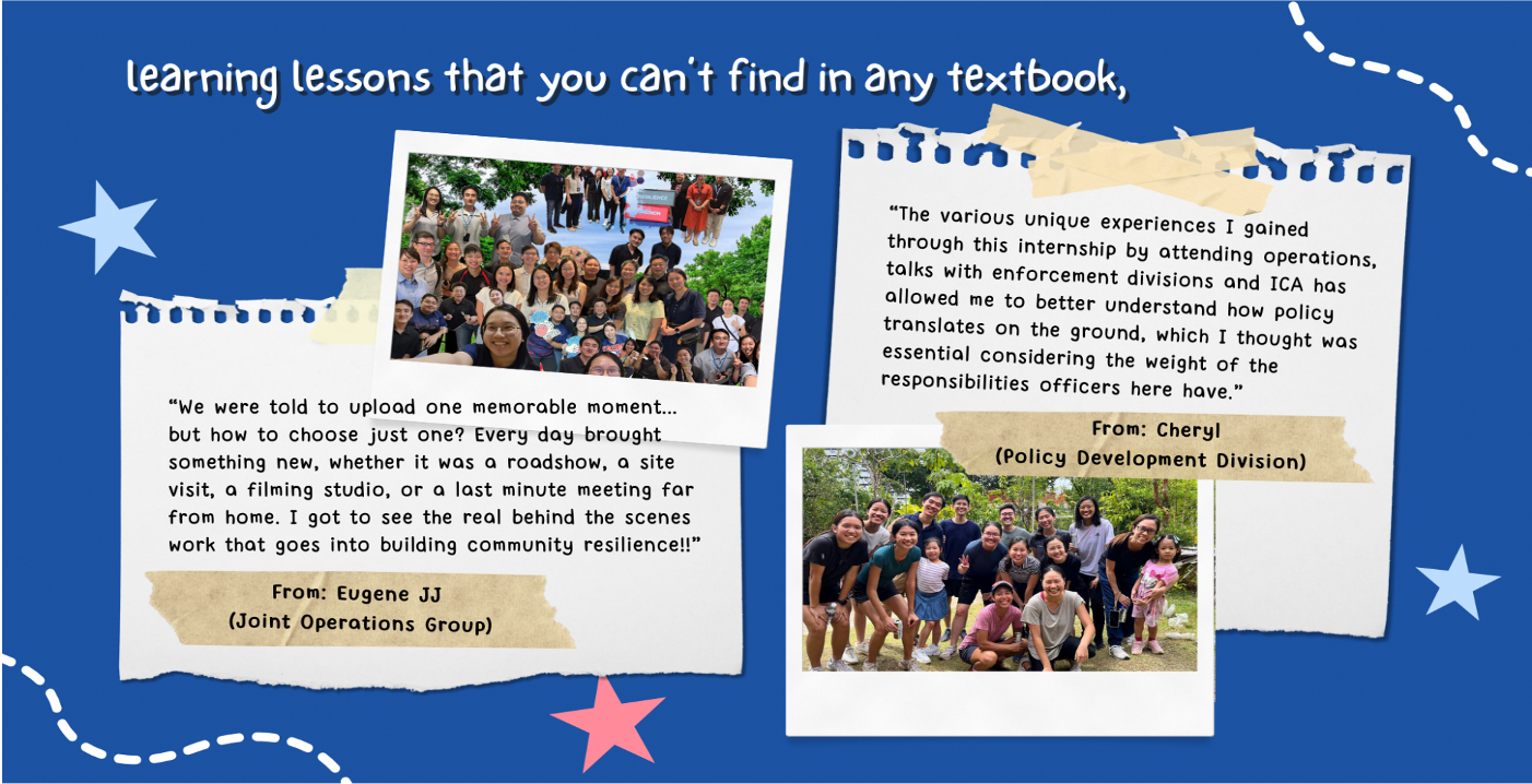 Collage of photos and paper scraps with testimonials on blue background with star decorations.